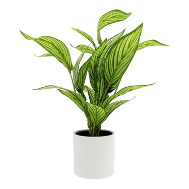 faux plant in white cement pot