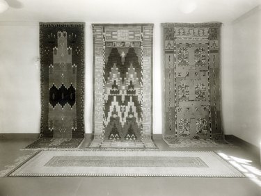 black and white photo of patterned rugs