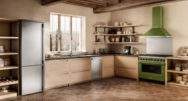 rustic kitchen with modern fridge