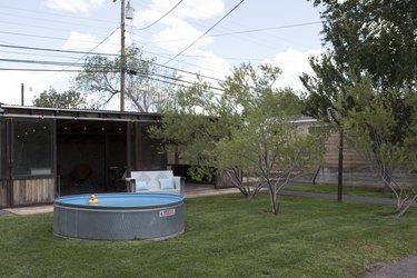 A backyard with a stock tank pool and small trees