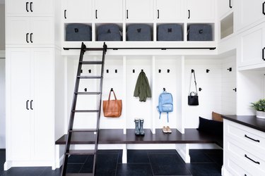 black and white garage mudroom storage