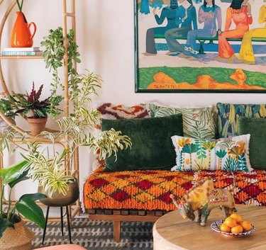secondary colors orange and green in living room with pattern