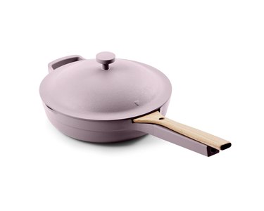Lavender ceramic frying pan with built-in wood spatula