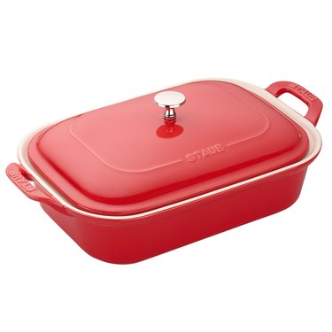 red ceramic bakeware with lid by Staub