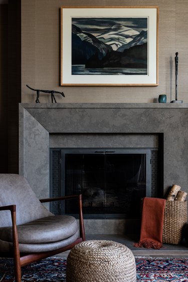 Limestone contemporary fireplace mantel by LeeAnn Baker Interiors