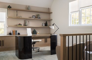 modern men's home office ideas with floating shelves