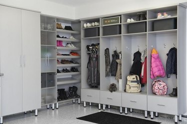 Garage mudroom storage with lockers, hooks, shoe storage, and Garage Wall Shelving Ideas