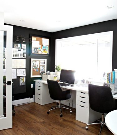 men's home office ideas with black paint and white trim
