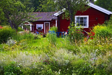 Summer cottage at the lake with wild flowers garden surrounding