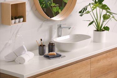 Toiletries, houseplant, and vessel sink on light countertop in modern bathroom.