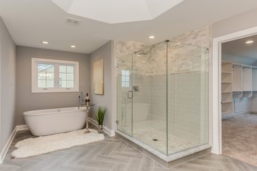 Master bathroom with large, glass shower and freestanding tub.