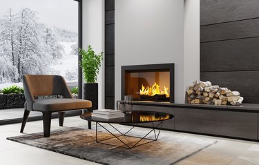 Modern minimalist apartment interior living room with fireplace