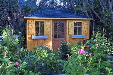 Quaint garden shed in a flower garden with roses
