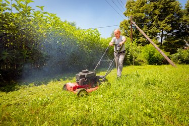 Farmer is mowing lawn in the garden with a petrol lawn mower that smokes