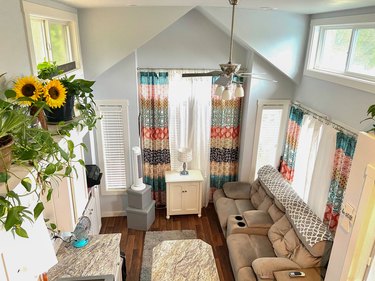 Interior living and kitchen area of a tiny house.