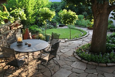 Landscaped Back Yard Patio, Flower Garden with Natural Paving Stones