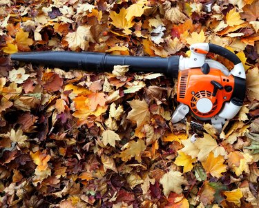 Leaf blower on a bed of leaves in an autumn day