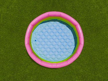 Aerial view of a colorful round plastic pool.