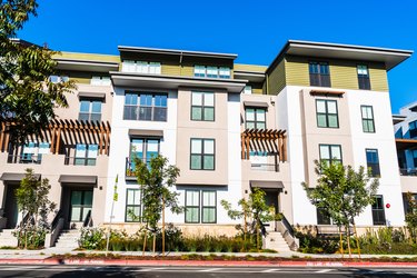 Exterior view of multifamily residential building; Mountain View, San Francisco bay area, California