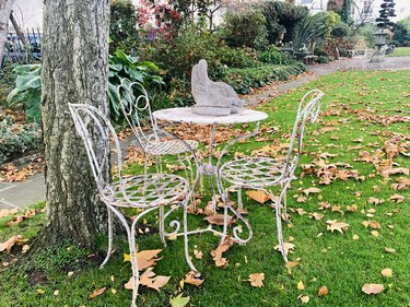 Iron chairs and table in garden with autumn leaves.