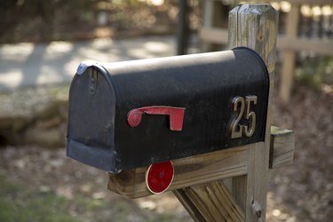A black mailbox on a wood post. It has a red flag, red reflector, and the number 25 on it. There are leaves on the ground and trees in the background.