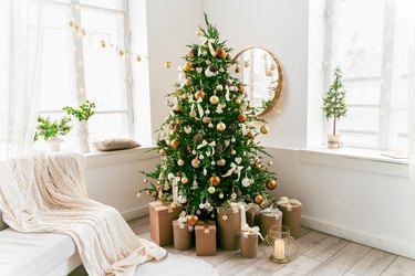 Domestic living room decorated with Christmas fir tree and holiday decor.