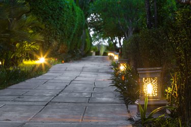 ceramic ware lamp street in the garden walkway at twilight