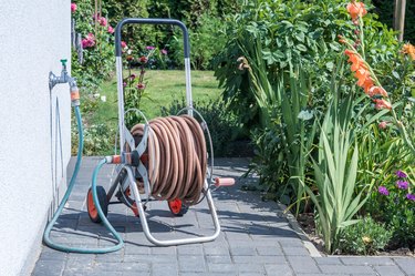 Coiled garden hose on a cold water pipe