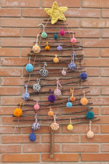 Xmas decorations crafts tree brick wall pompom