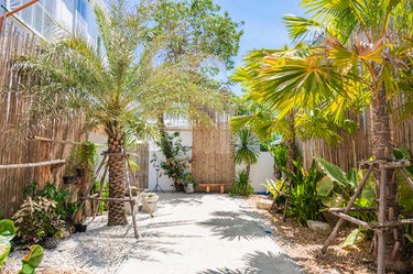 Beautiful backyard landscape design, view of colorful trees and decorative shrubs and rocks.