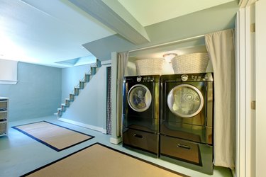 Blue basement laundry room.