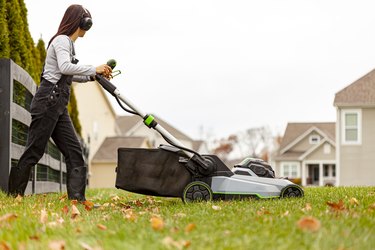 Mowing grass in late autumn.