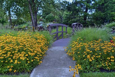 Walking path with flowers and bridge, Hamilton County, Indiana.