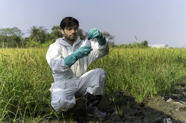 A man in full-body protective suit collecting samples of soil.