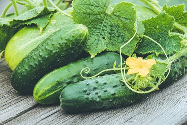 Fresh cucumbers with green leaves and flowers on wooden table.