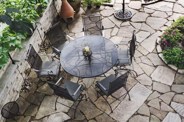 Patio and Garden, Outdoor Furniture on Stone Pavers Overhead View