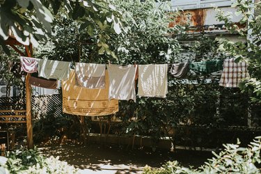 Damp clothing hanging on a washing line