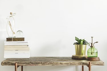 Modern decor with wooden console, books, houseplant, and mister.