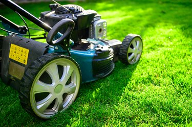 Lawn mower on green grass in a sunny day.