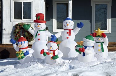 Happy Snowman Family Enjoying Winter Day Together in Snow, Sunshine