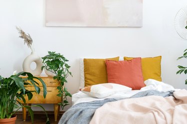 Bed with crumpled plaid, cushions, side table and houseplants