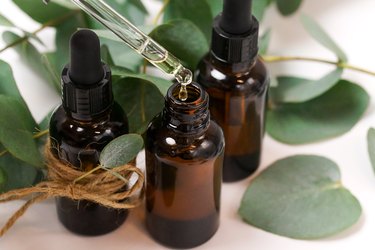 Eucalyptus essential oil bottles and leaves isolated close up on white background. essential oil falling from glass dropper.