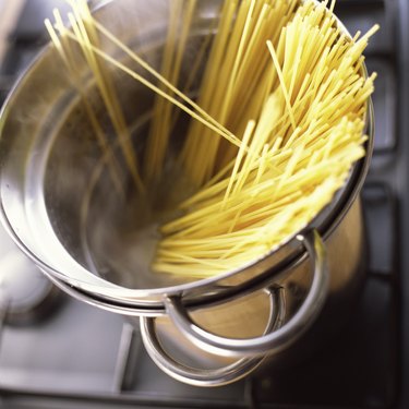 Close-up of pasta in pot.