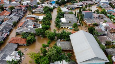 Aerial POV view Depiction of flooding. devastation wrought after massive natural disasters