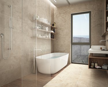 Modern limestone bathroom.