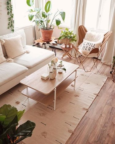 Beige, minimal bohemian living room 