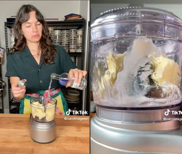 Split screen image of a woman pouring vodka into a food processor with butter on the left and the ingredients being blended on the right