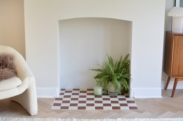 Red and white tiled fireplace