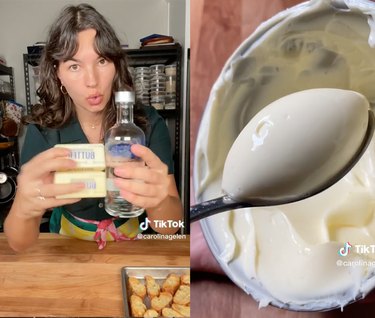 Split screen image of a woman holding butter and vodka on the left and a spoonful of vodka butter on the right