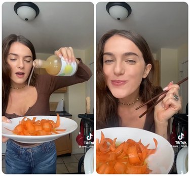 Two images of TikTok creator @sam__doyle making a carrot salad. The creator is a white woman with brown hair, wearing a brown shirt and jeans. In the first image, the creator holds a plate of shaved carrots and is seen putting apple cider vinegar on the carrot salad. The second image is the creator holding chopsticks in one hand, and the carrot salad in the other.